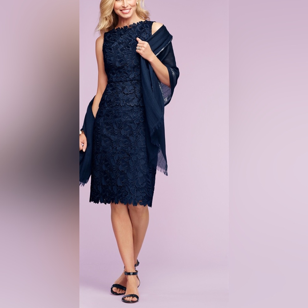 Talbots Floral Lace Overlay Sleeveless Peplum Sheath Dress Navy